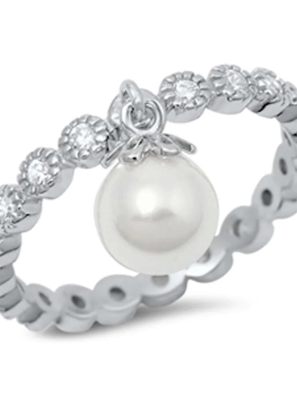 Silver Pearl Charm Ring - White Pearl Accent